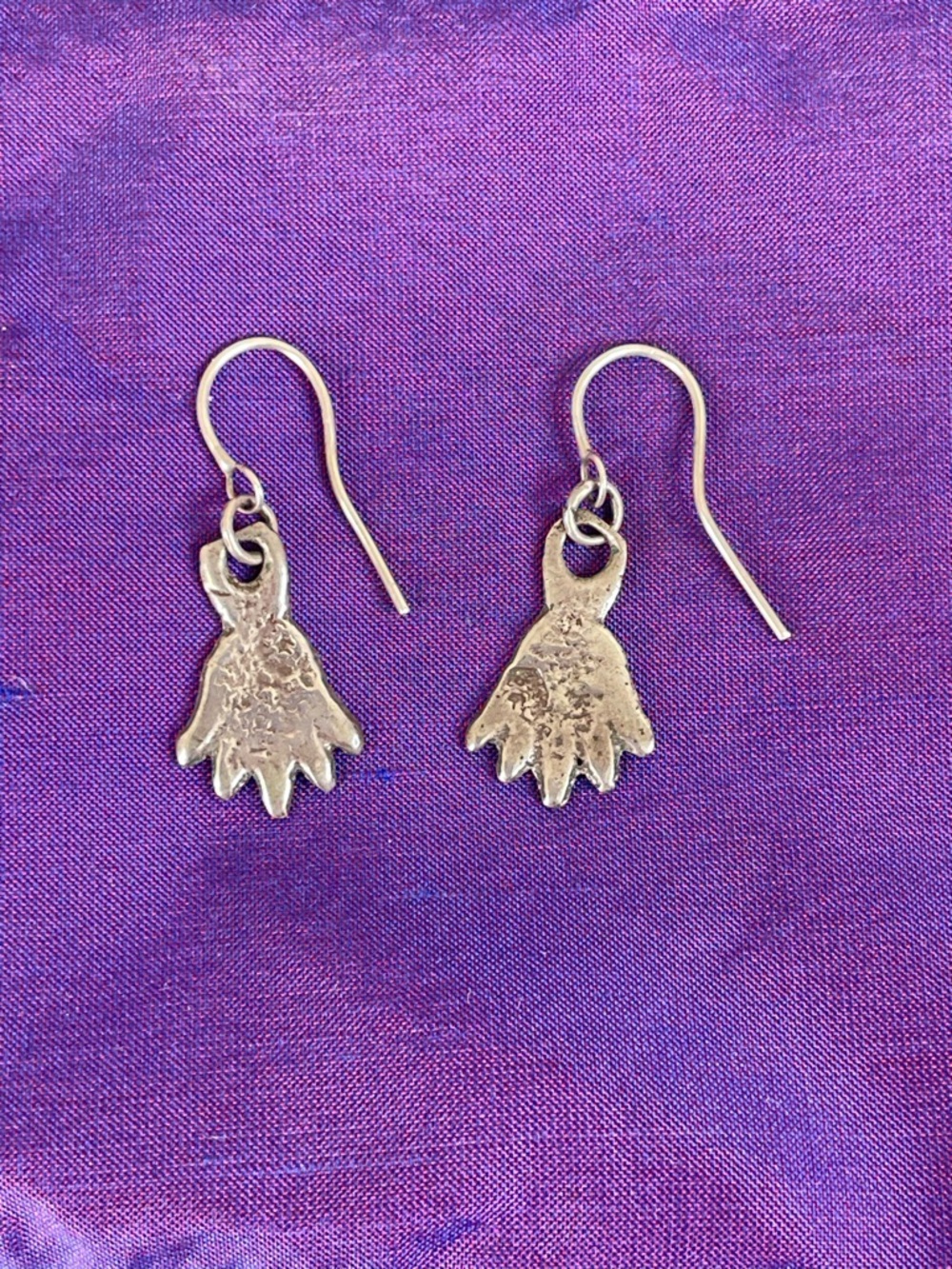Vintage Mid-Century North African Cast Silver Hand Charm Drop Earrings